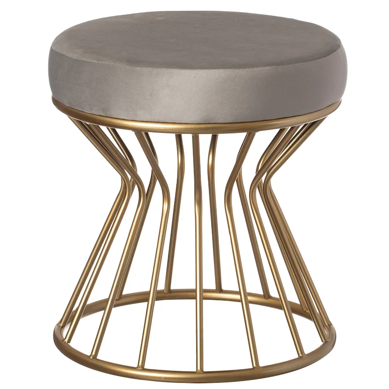 Round Velvet Ottoman Stool, Gray/Black, Gold Metal Base, Modern, 17.75" Dia x 18"H