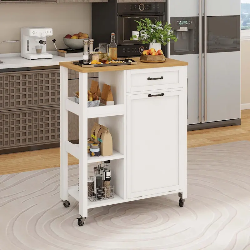 Moasis Kitchen Island Cart on Wheels with Trash Can Storage Cabinet