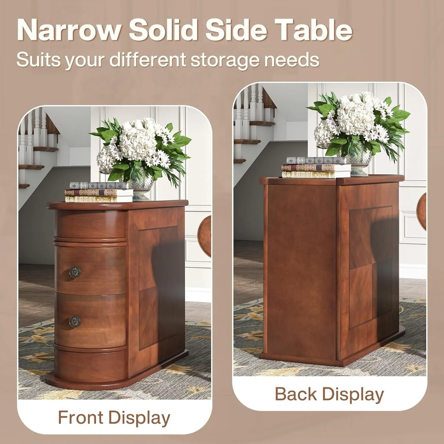 Solid Wood Chairside End Table, Two-Drawer Narrow Side Table Slim