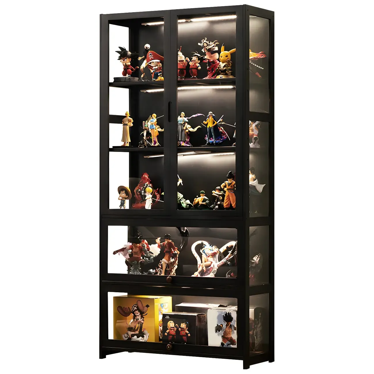 Modern Black Bamboo Adjustable Shelves Glass Display Cabinet