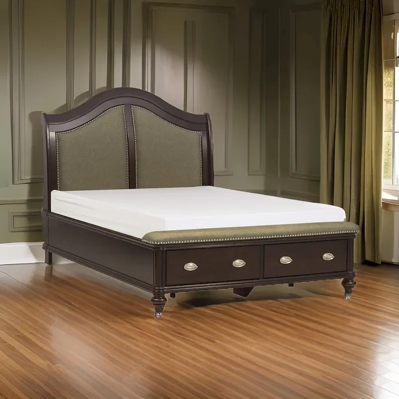 Stoe Queen Sleigh Bed, Padded Headboard, Storage Footboard, Brown Wood