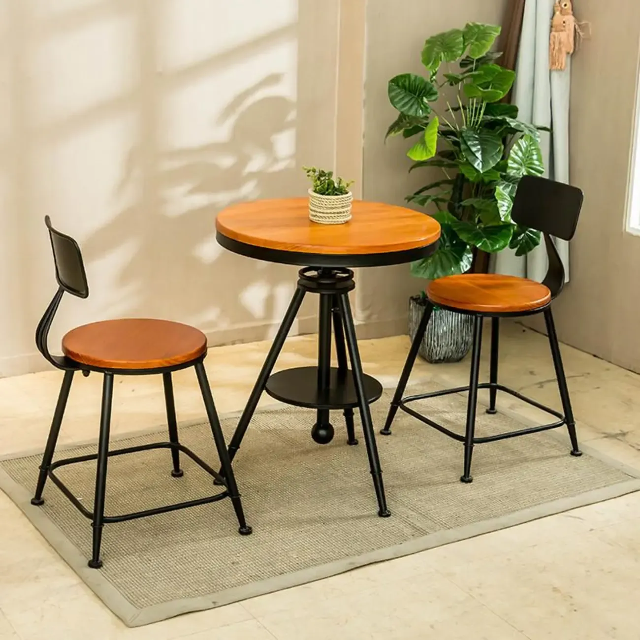 Adjustable Round Wood Metal Industrial Bar Table