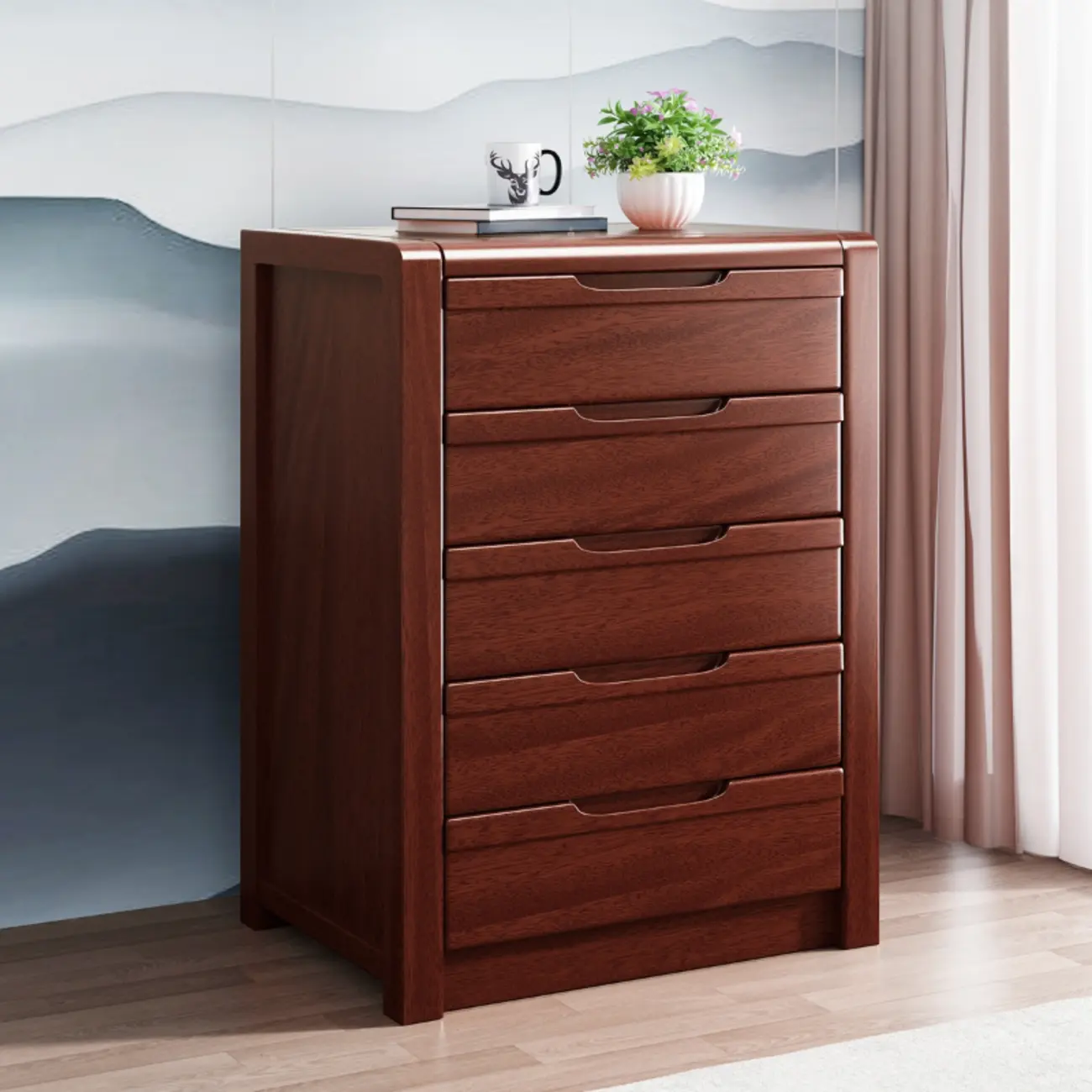 Freestanding Mid-Century Brown Solid Wood Cabinet with Drawers