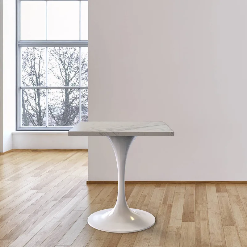 LeisureMod Verve Square Dining Table with Resin Tabletop and White Steel Base for Kitchen and Dining Room
