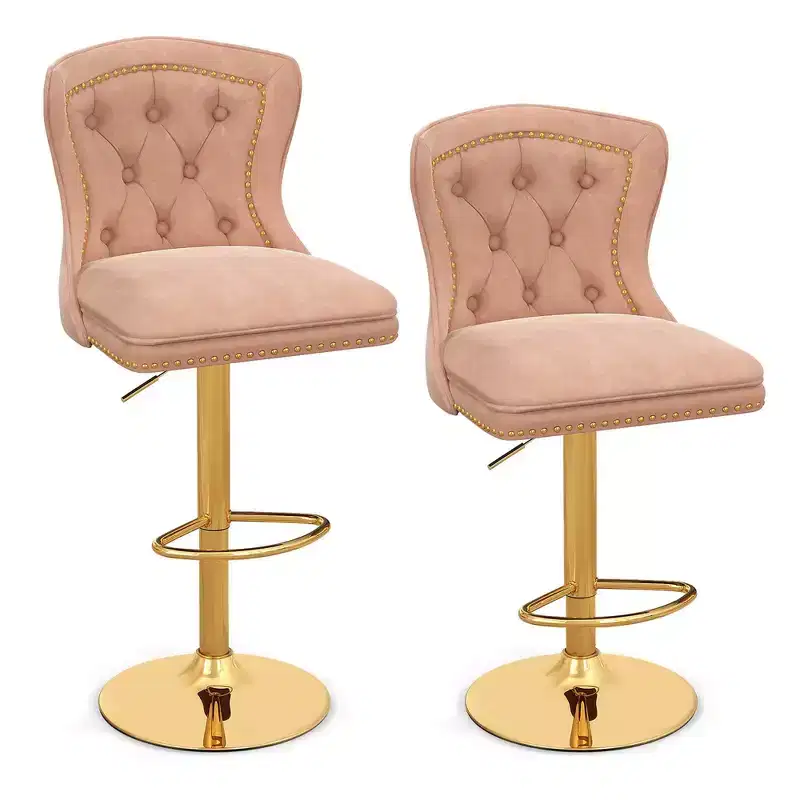 Set of 2 Bar Chairs Dutch Velvet Bar Stool with Footrest Metal Base Anti-Slip Ring Pink/Beige/Grey