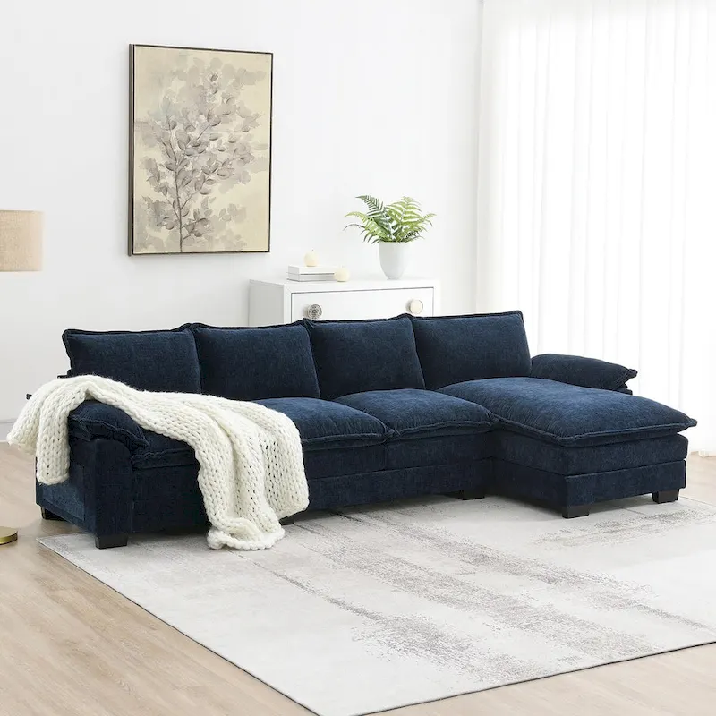 118*55 L-shaped Chenille Cloud Sofa with Double Seat Cushions, 5-seat Upholstered Sleeper Sofa Couch with Chaise Lounge