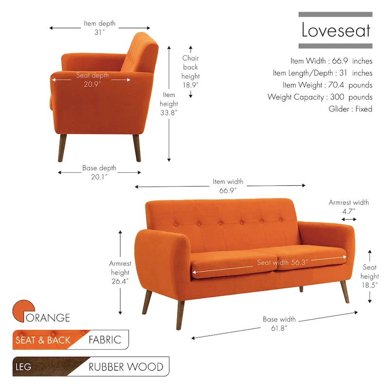 Two-Seater Sofa (Small), Fabric, Rubberwood