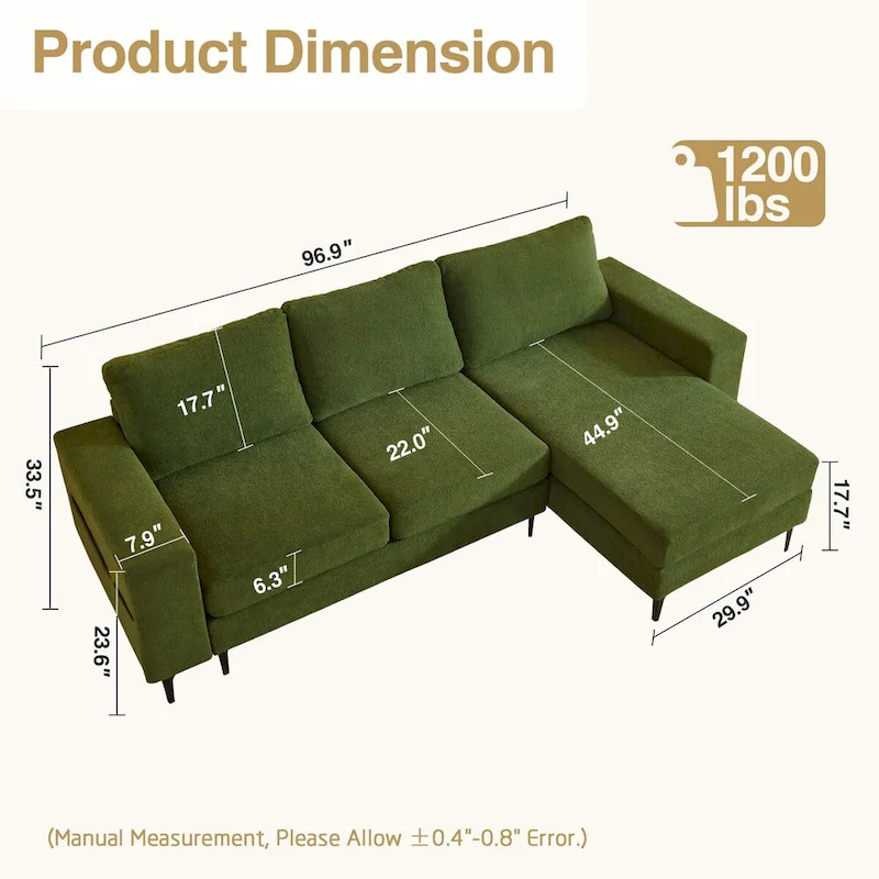 L-Shaped Upholstered Sofa Couch with Metal Legs