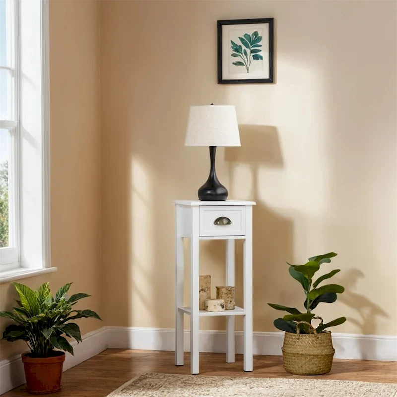 2-Tier Side Table with Drawer,Narrow End Table with Bottom Shelf