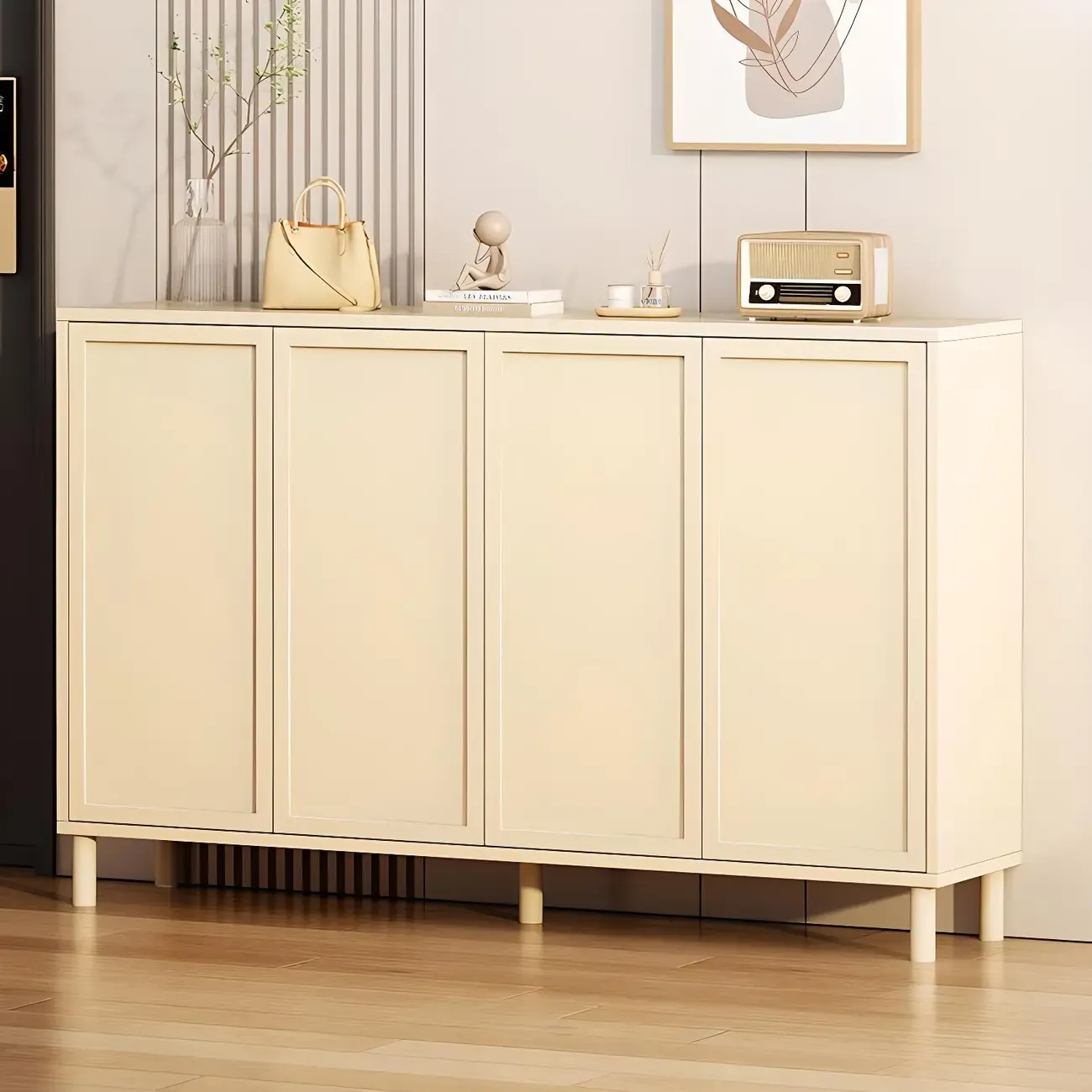 Cream White Wood Shoe Cabinet with Shoe Lattice