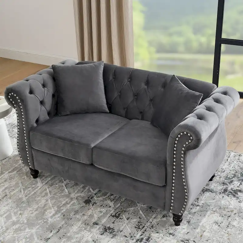 Velvet Chesterfield Loveseat Sofa, Rolled Arms, Nailhead Trim