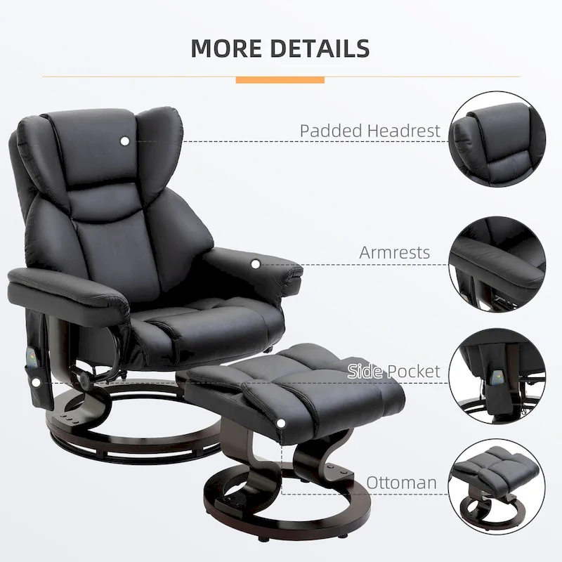 Black Faux Leather 360 Swivel Manual Recliner Set with Ottoman, 10 Vibration Massage Points, Side Pocket