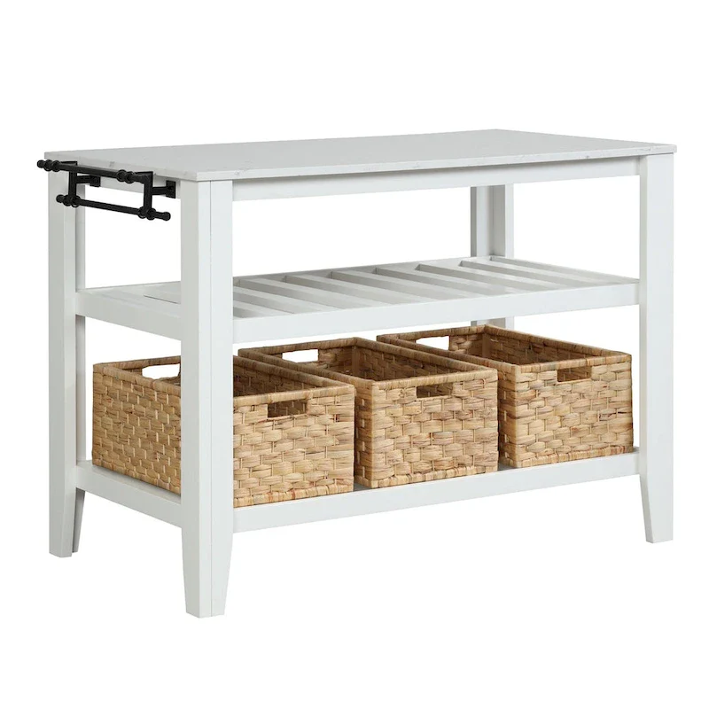 Kitchen Island with 3 Pull Out Baskets in White