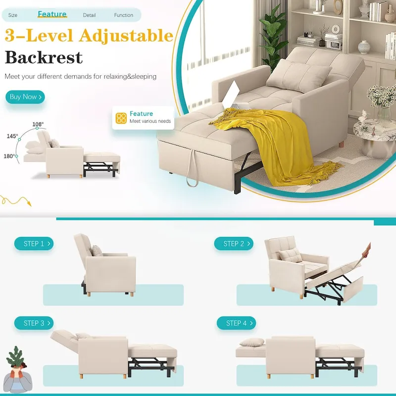 AECOJOY 3 in 1 Sleeper Sofa Chair w/ Pillow &Convertible Backrest