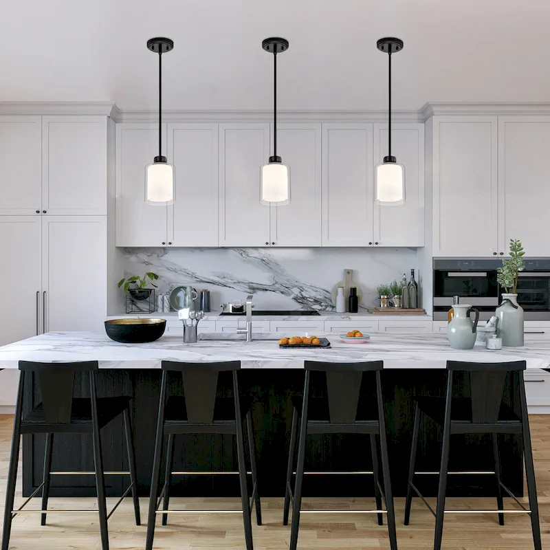 Daley 1-Light Matte Black Double Shaded Mini Pendant Light with Clear Glass and White Glass Shades