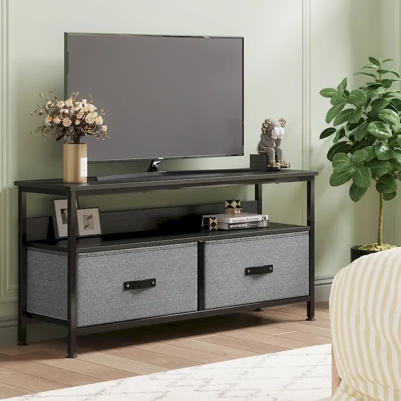TV Stand with 3 Fabric Drawers & Open Shelves, Fits 55" TVs, 39"L x 22.5"H, MDF Wood Grain