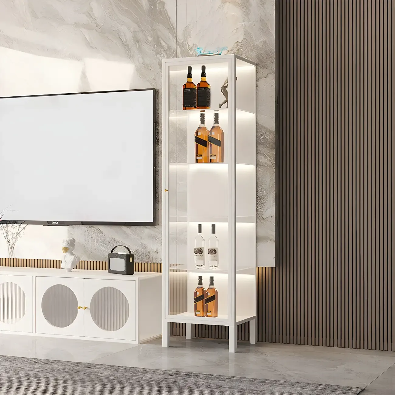 Elegant Modern Metal Black Glass Door Curio Cabinet