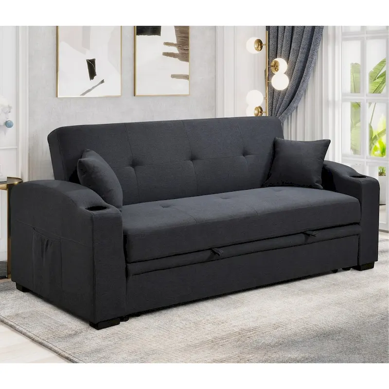 Convertible Sofa with Reclining Backrest, Cup Holders and Pillows