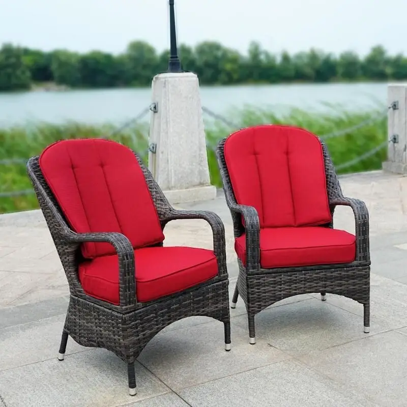 2-Piece Patio Brown Wicker Arm Chair with Cushion