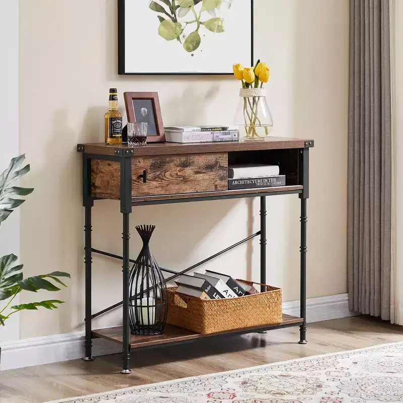 Brown & Black Vintage Console Table with Drawer, 1-Piece