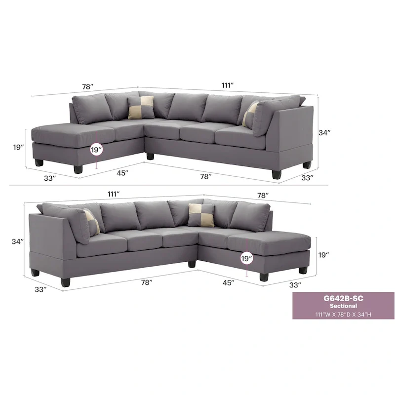 Malone 111 in. Faux Leather 4-Seater Sectional Sofa with 2-Throw Pillow - 111L x 78W x 34H