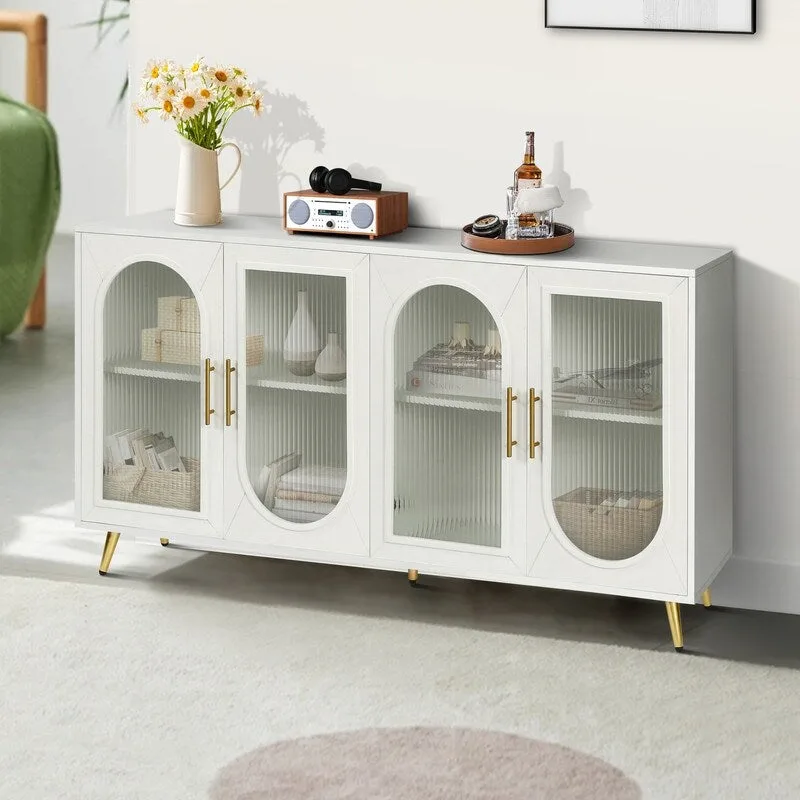Grondin Mid-Century Modern Style 59.8 Wide Sideboard Buffet with Fluted Tempered Glass Doors and Adjustable Shelves