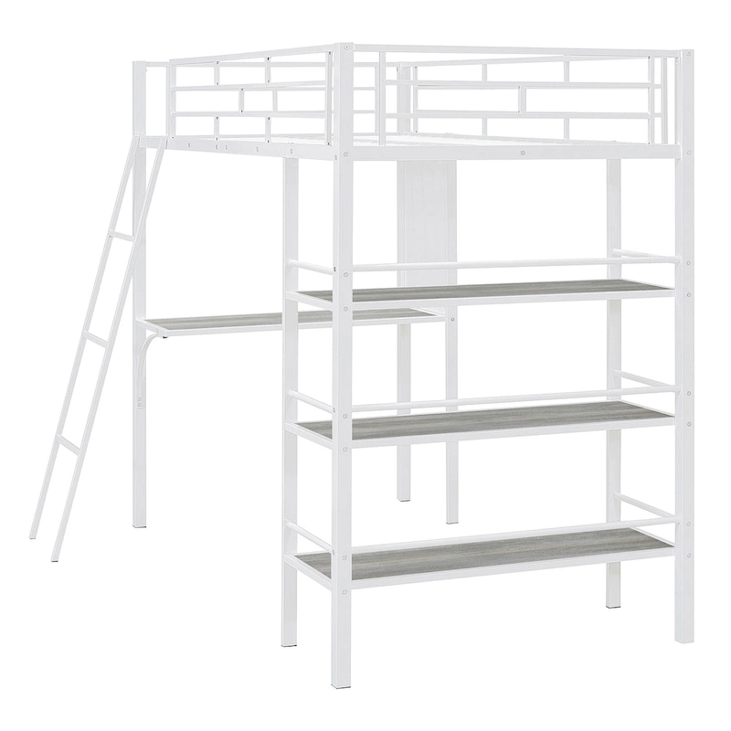 White Twin Loft Metal Bed with Shelves