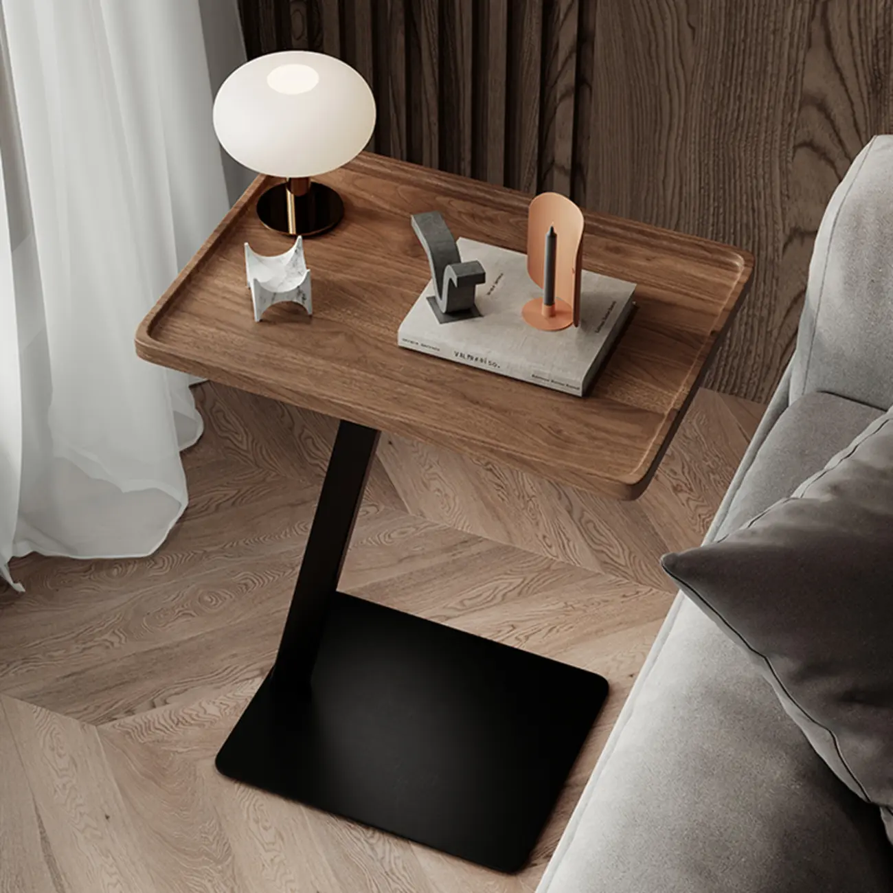 Living Room Brown Wood Top Metal C Shaped Side Table