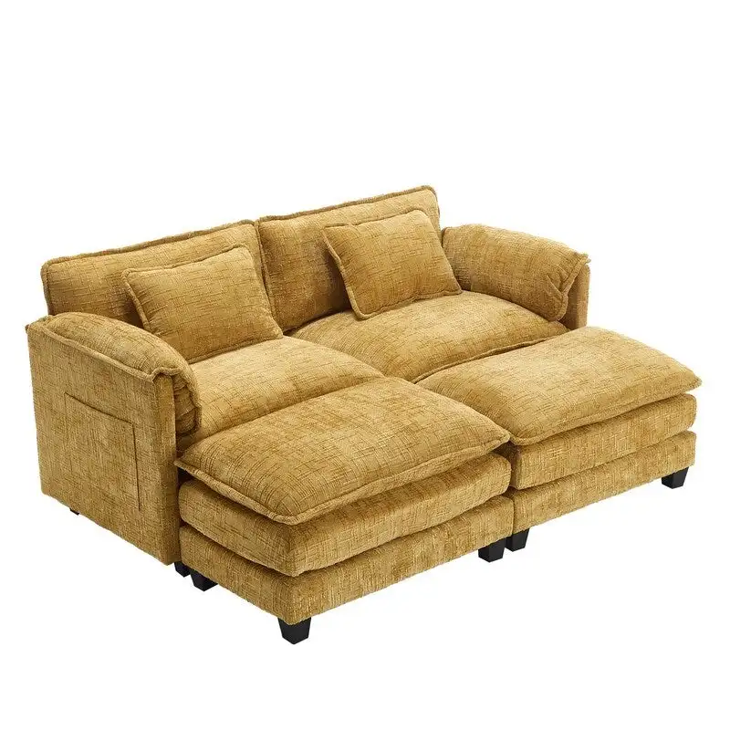76.77  Chenille Upholstered Sofa with 2 Ottomans