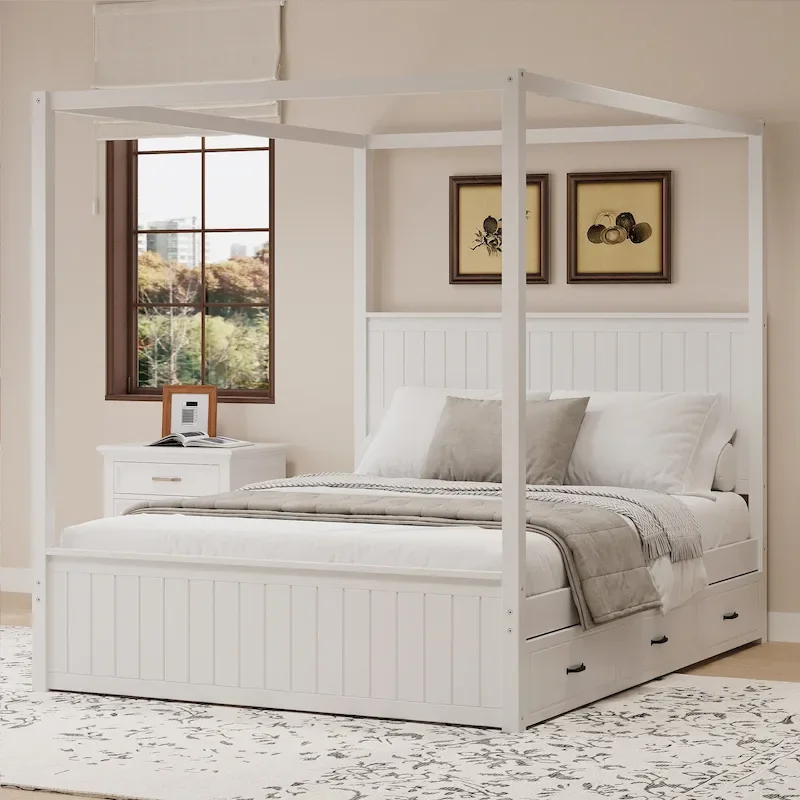 Queen Size Platform Canopy Bed with Trundle Bed and 3 Drawers Storage Bed, 4-post Solid Wood Bed Frame with Wingback Headboard