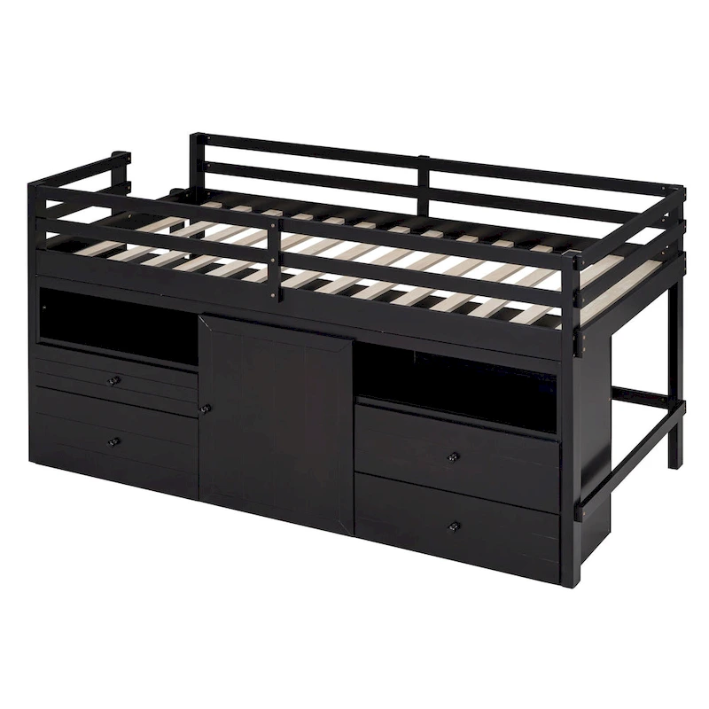 Espresso Twin Solid Wood Loft Bed with Drawers & Cabinet