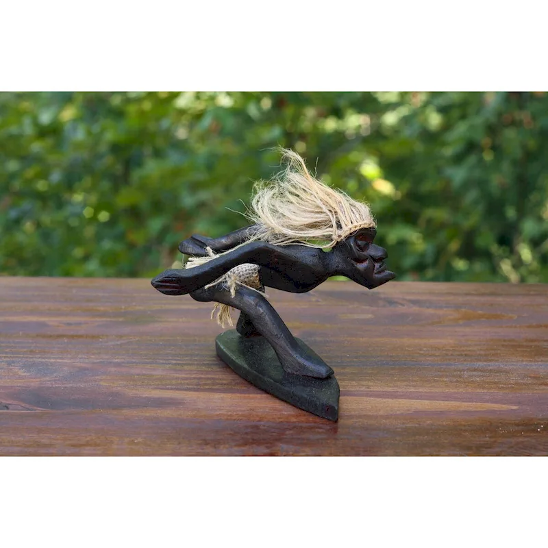 Handmade Wooden Primitive Tribal Funny Statue Surfing Sculpture Tiki Bar Figurine Hand Carved Surf