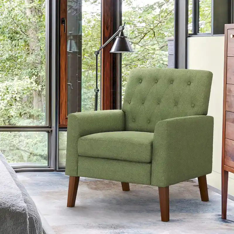 LUE BONA Modern Upholstered Accent Chair Linen Fabric Button Tufted Armchair with Solid Wood Frame - 28.5 W X 27.25 D X 33.75 H