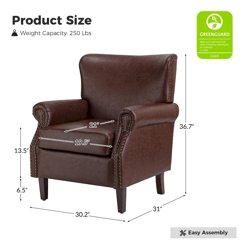 Vegan Transitional Armchair with Rolled Arms Set of 2