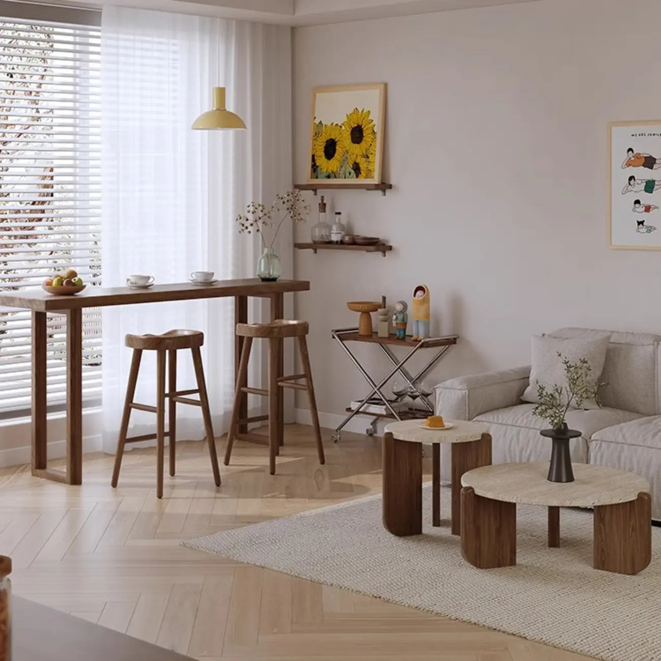 Wooden Backless Bar Set with Footrests & Sled Base