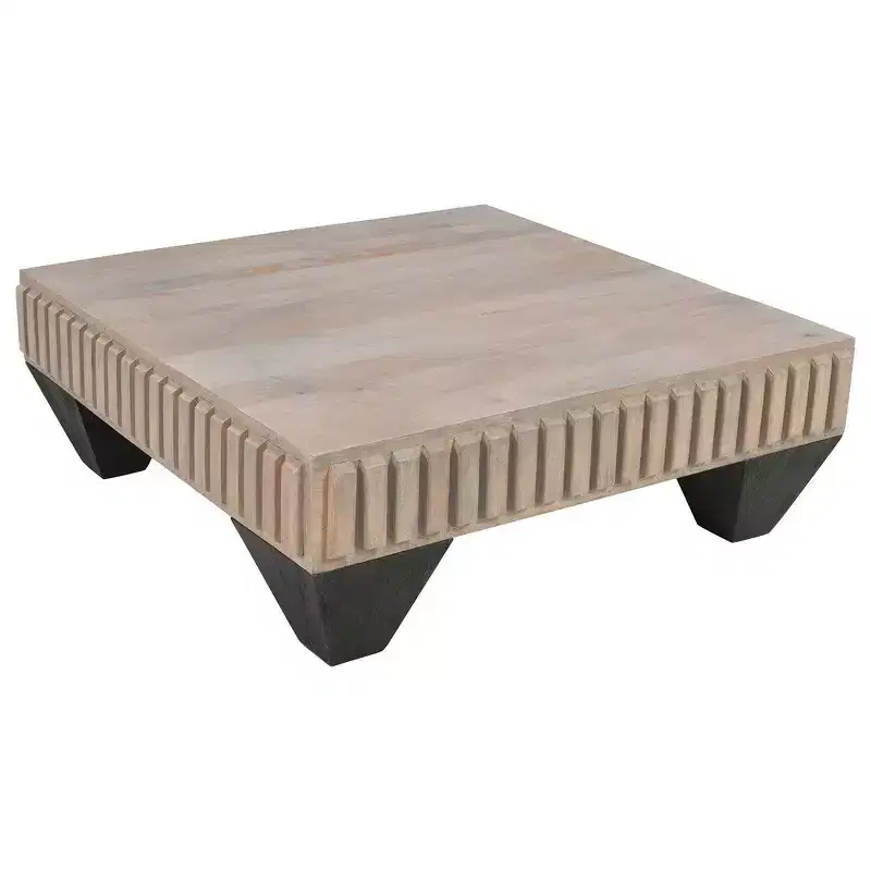 Royal Hampton Tokyo Inspired 36 Inch Square Mango Wood Coffee Table-Handcrafted with Elegant Sandblasted Gray Finish and Tapered Legs