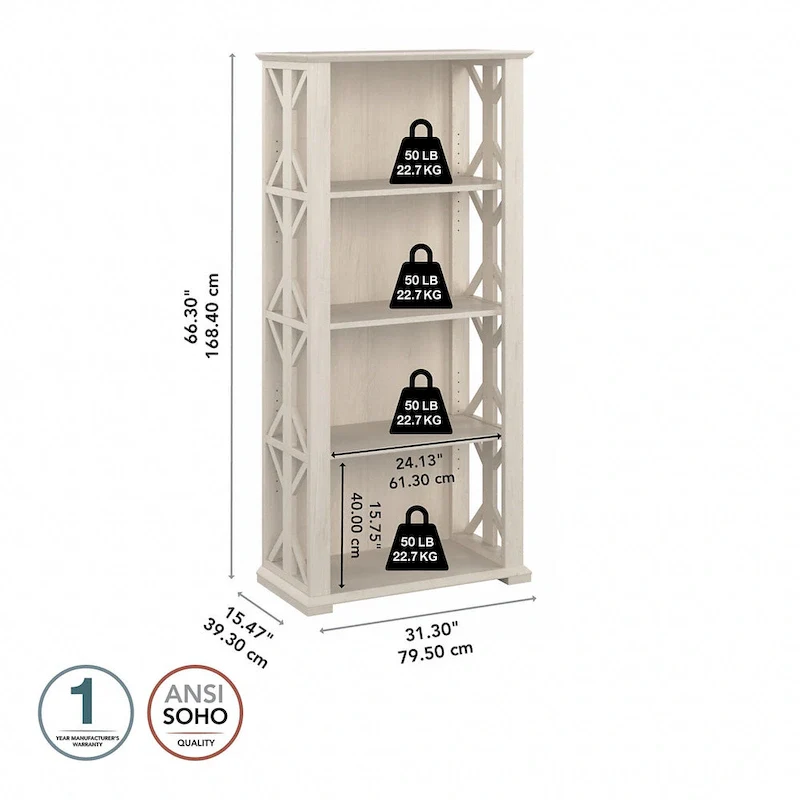 4-Shelf Bookcase in Linen White Oak / Driftwood Gray – 2 Adjustable Shelves