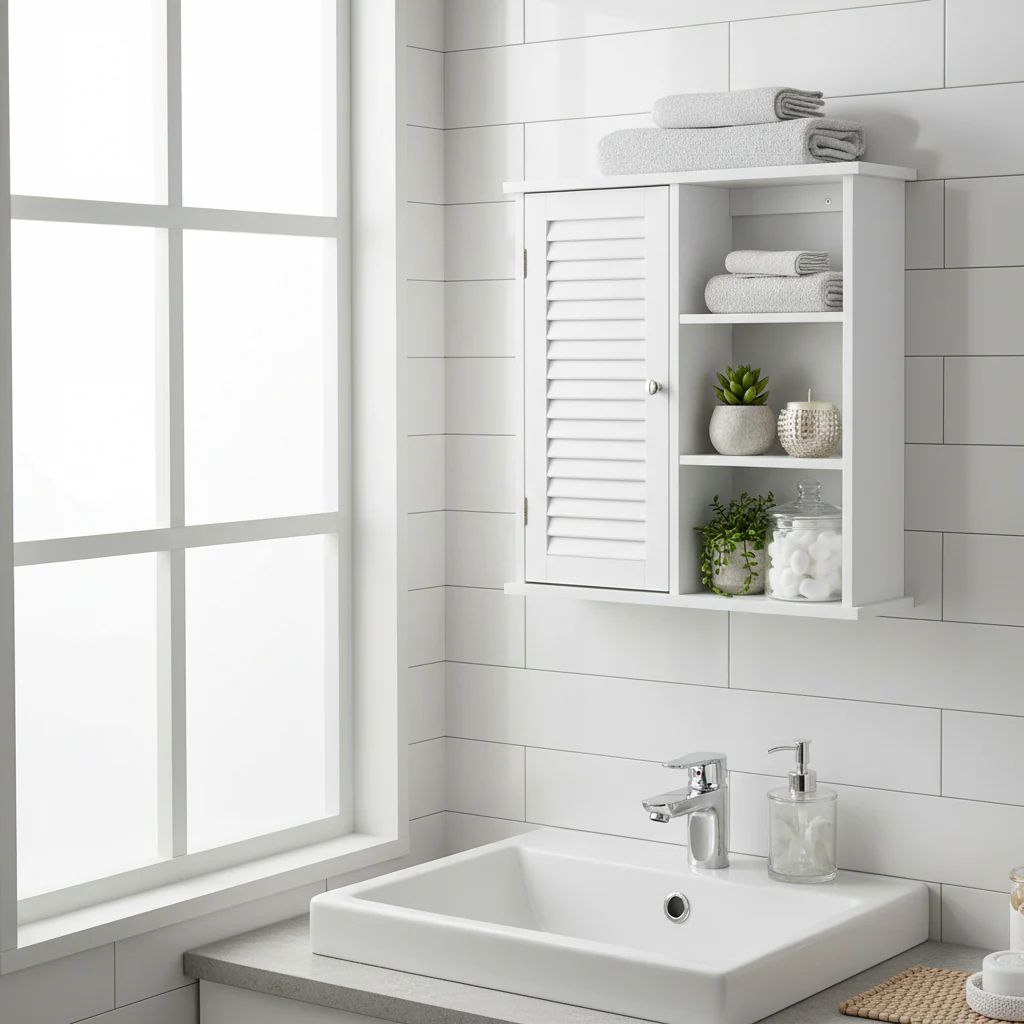 White Contemporary Wall Cabinet with Open Shelves