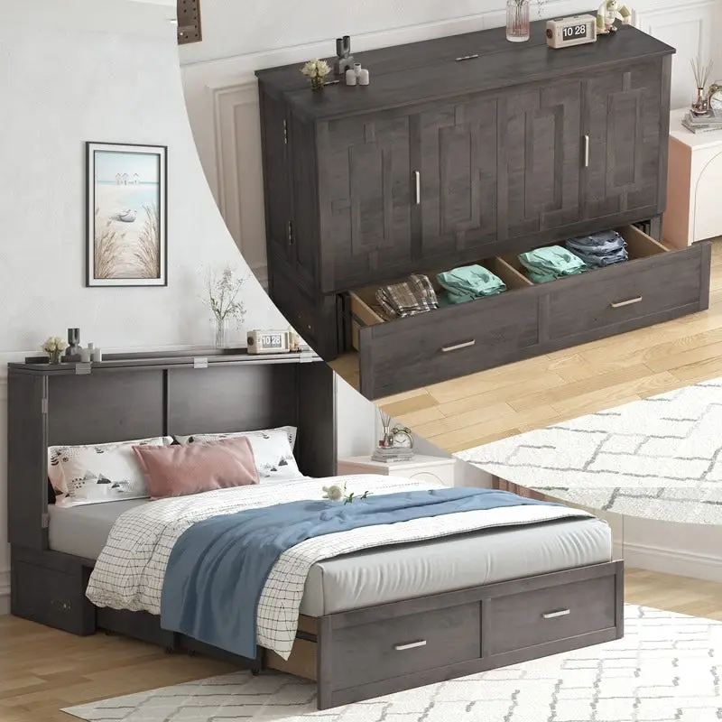 Dark Grey / White / Cherry Queen Murphy Bed Cabinet with Mattress, Storage Drawer and Charging Station – 2-Person