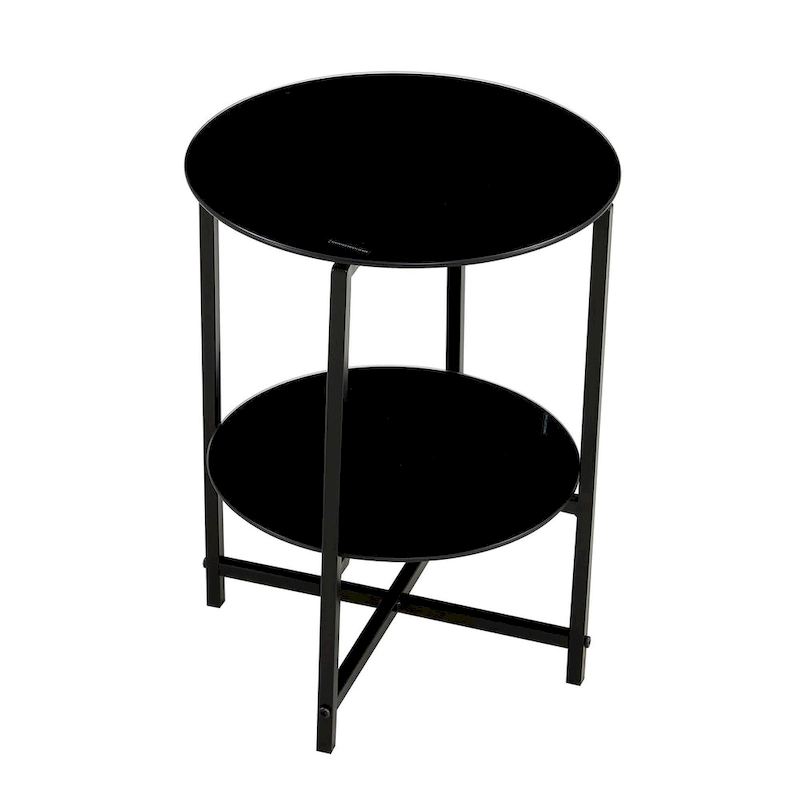 2-layer Round Tempered Glass End Table/Coffee Table with Iron Frame