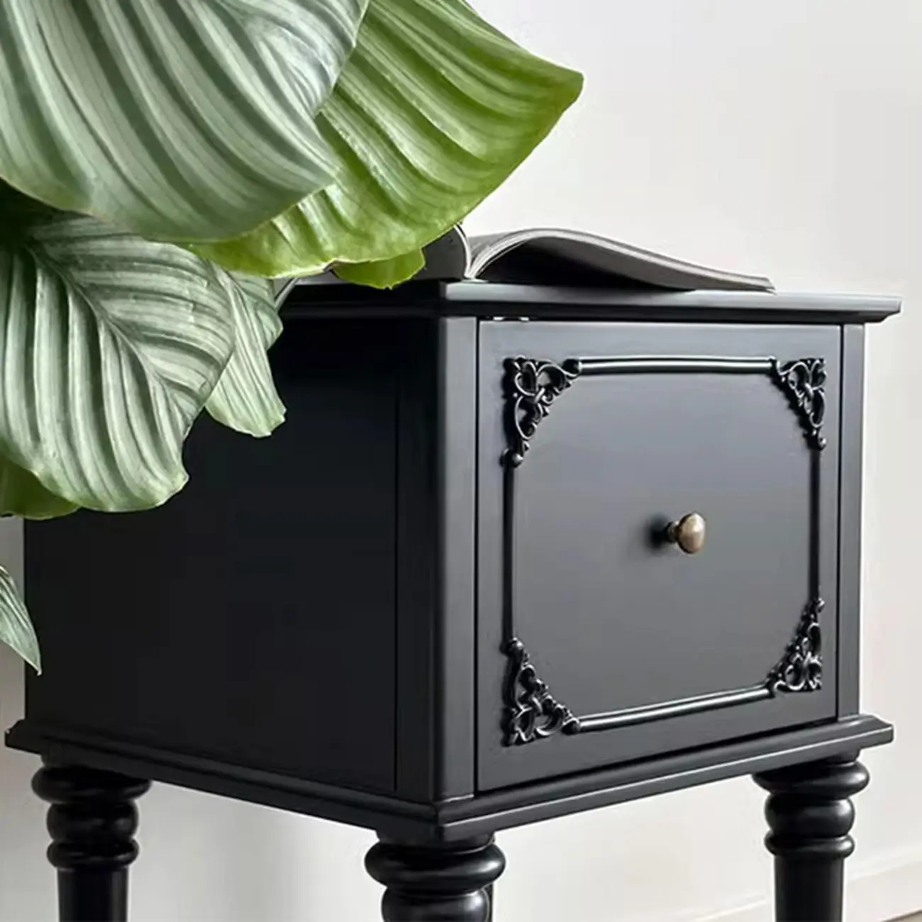 Traditional Black Wooden Carved Leggy Nightstand with Drawer