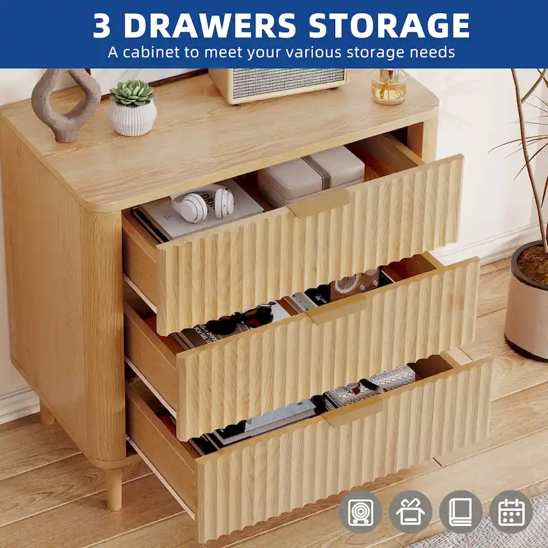 Moasis Modern Fluted 3-Drawer Dresser Chest of Drawers Natural Oak