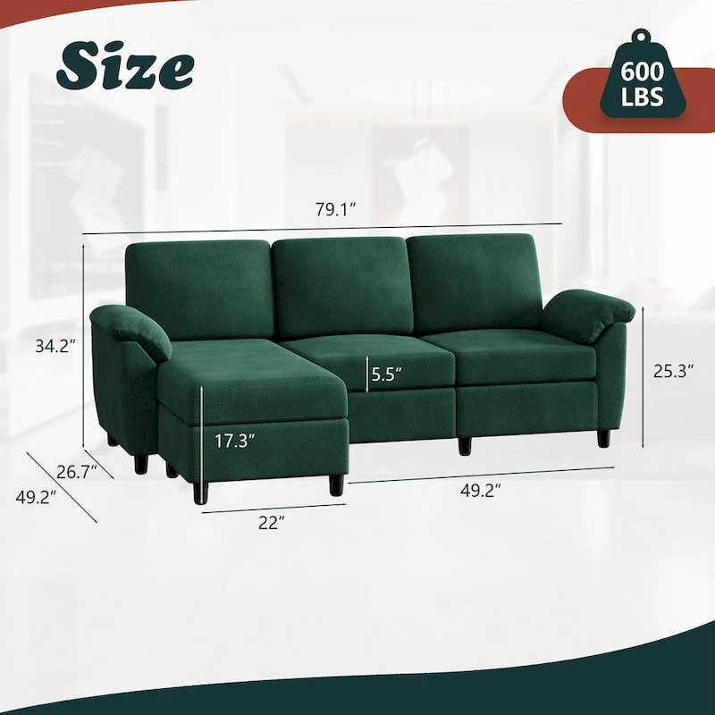 Futzca Sectional Sofa Couch, 3 Seat L Shaped Sofa with Removable Pillows