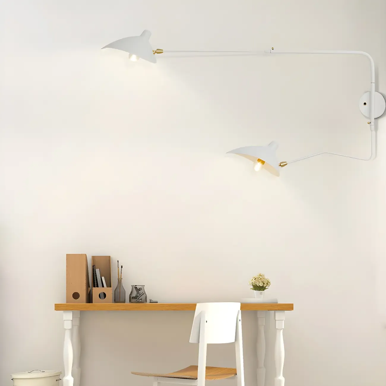 Modern 2-Light White Dual-Arm Swing Arm Wall Light