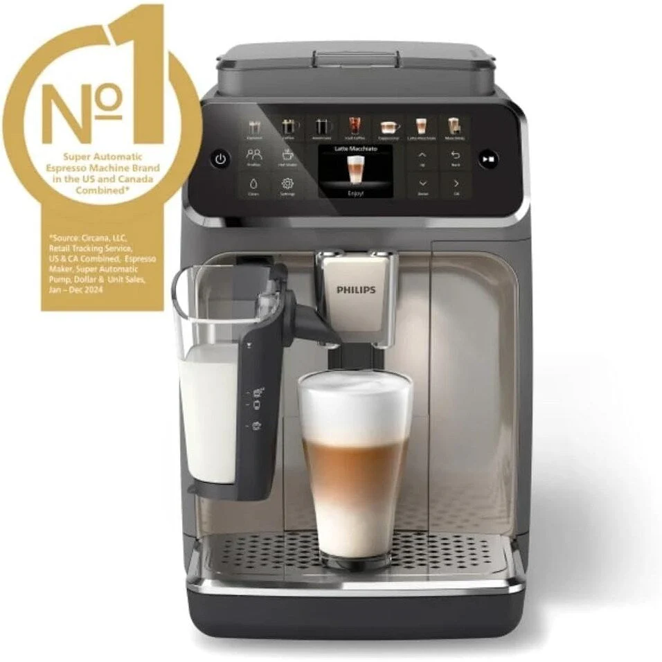 Premium Espresso Machine, 12 Hot/Iced Coffees, LatteGo System, Ceramic Grinder, Black Chrome