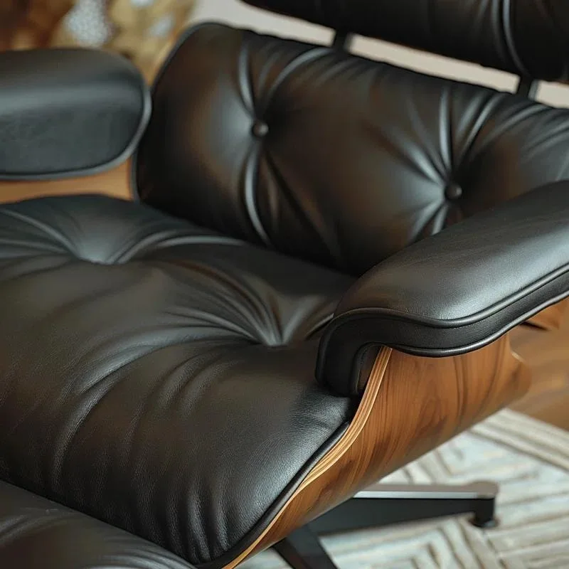 Mid-century Full Grain Leather Accent Chaise Lounge Chair and Ottoman