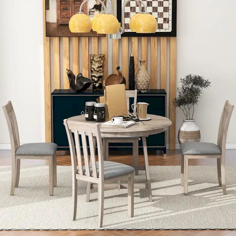 5-Piece Wooden Dining Table Set with Round Extendable Table & 4 Chairs