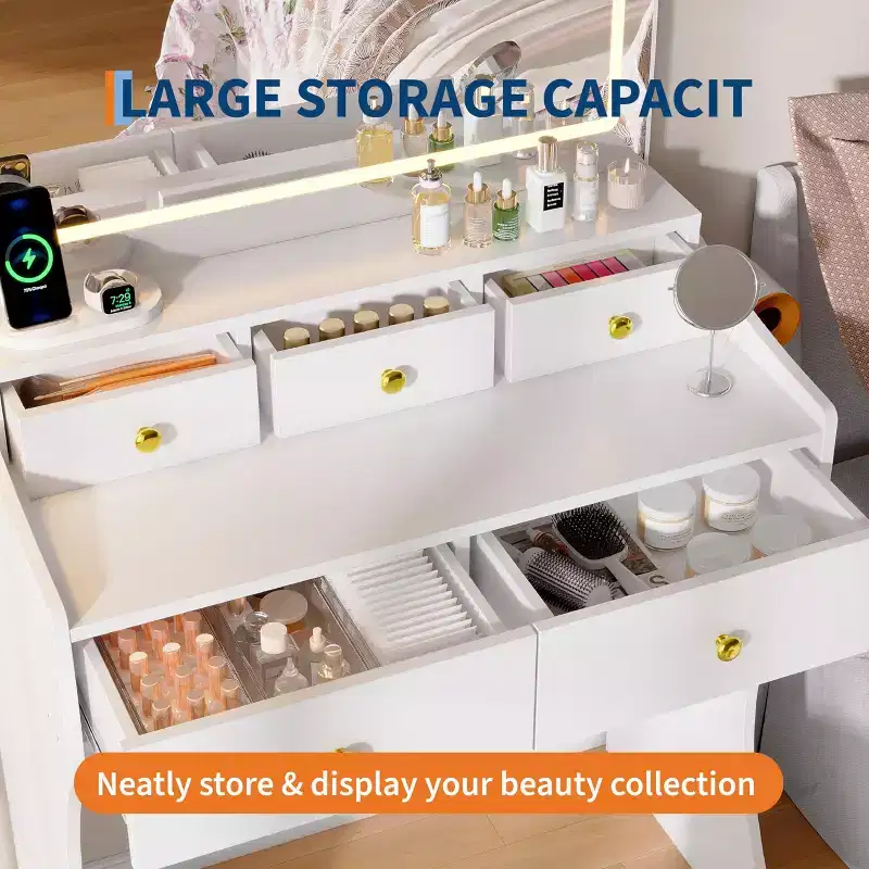 31.5-Inch Wide Vanity with Cushioned Stool - Dressing Table Featuring Power Outlet, Hair Dryer Holder & 5 Drawers