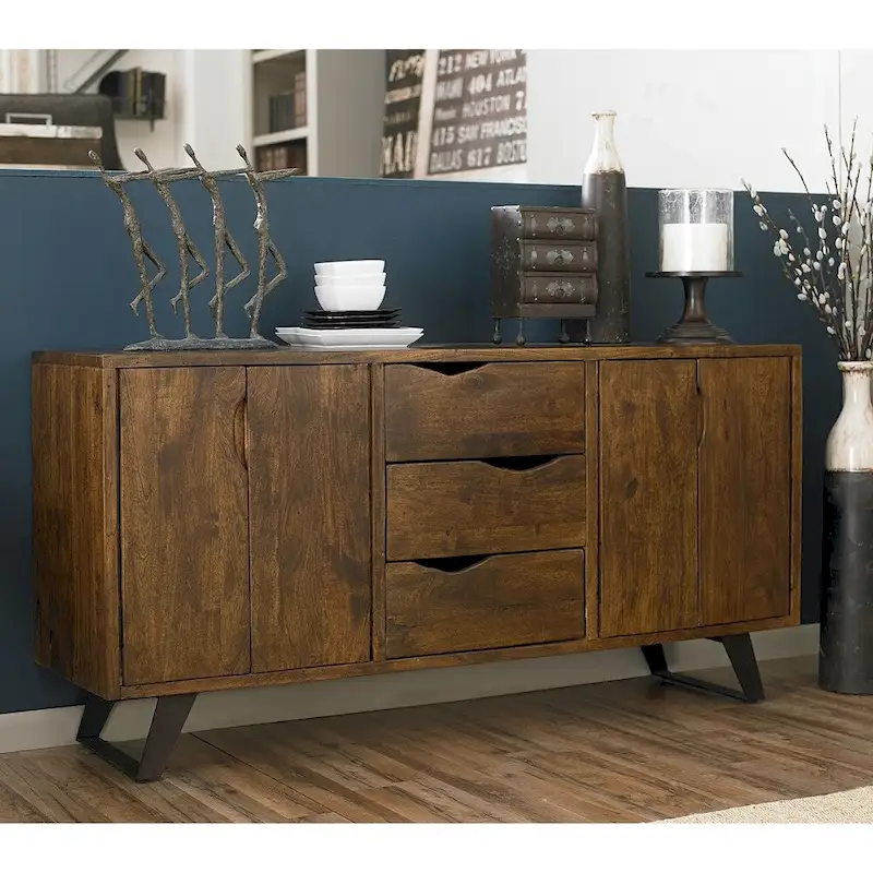 Acacia Wood Sideboard with Drawers & Cabinets – Walnut / Black, Single