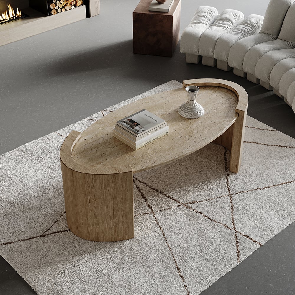 Japandi Oval Travertine Coffee Table in Double Pedestal